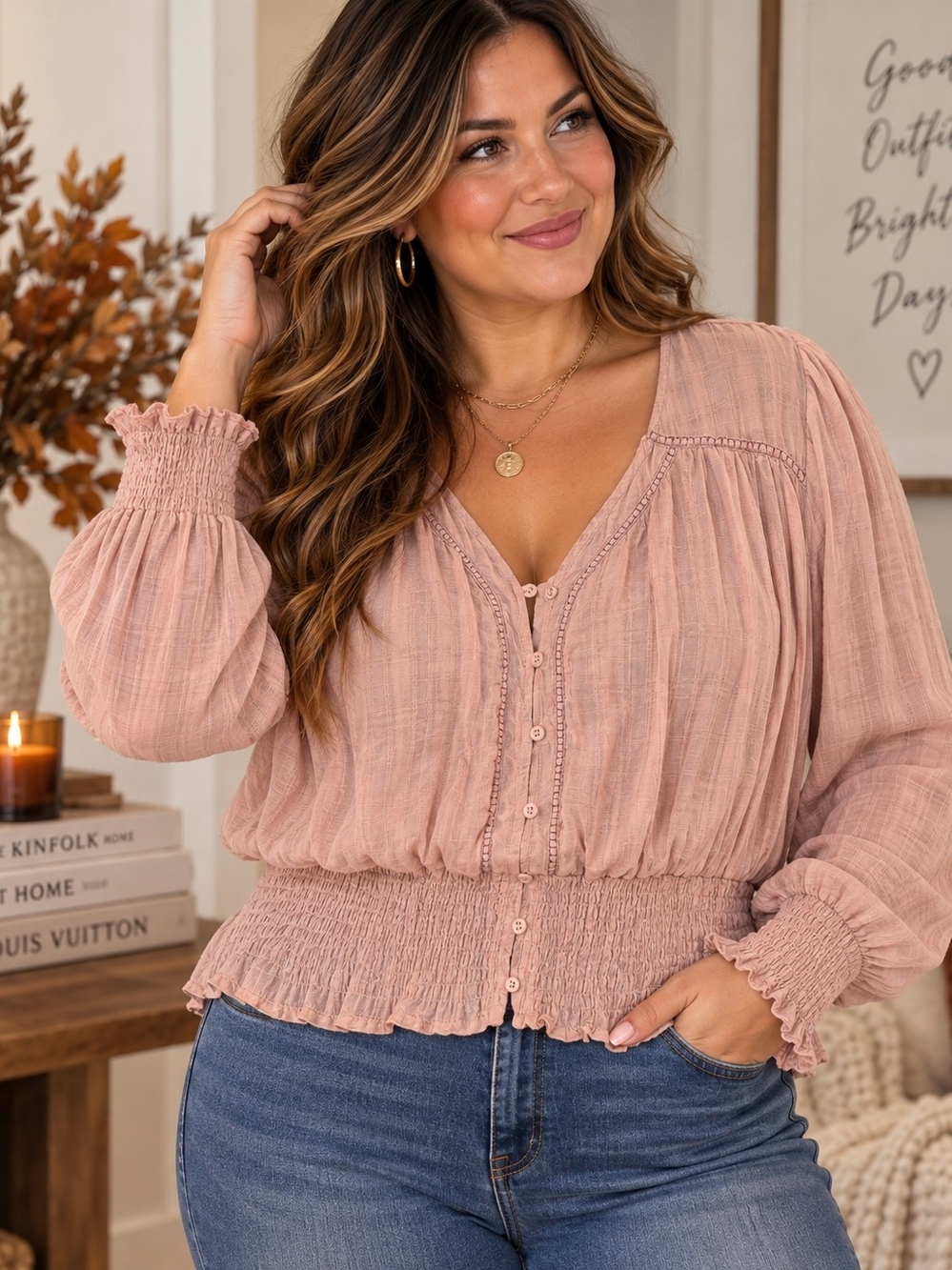 American Rag XL Dusty Rose Smocked Button Front Boho Blouse
